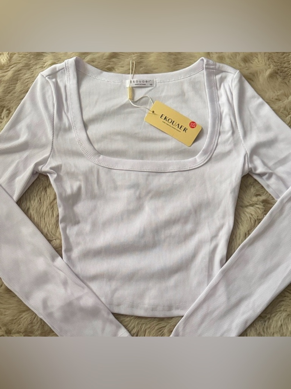 Women's White Ribbed Square-Neck Long Sleeve Top Ekouaer Size XS